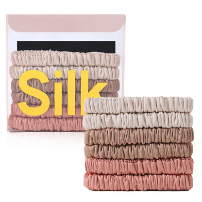 NATUREKESS 6Pcs 100% Silk Hairbands & Scrunchies, Elastic Band Scrunchies for Women, Thin Skinny Silk Fabric Hair Accessories, No-Damage Sleep Hair Accessories