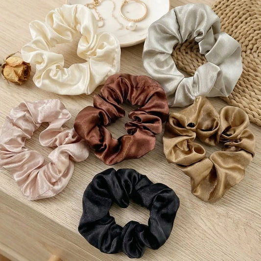 Women's Elegant Plain Smooth Satin Scrunchies Set - 12-Pack Ultra-Soft Elastic Unisex Hair Ties, Gentle Hold Hair Accessories Set for Casual Daily Use, Black, Mocha, Champagne Gold, Cream Colors