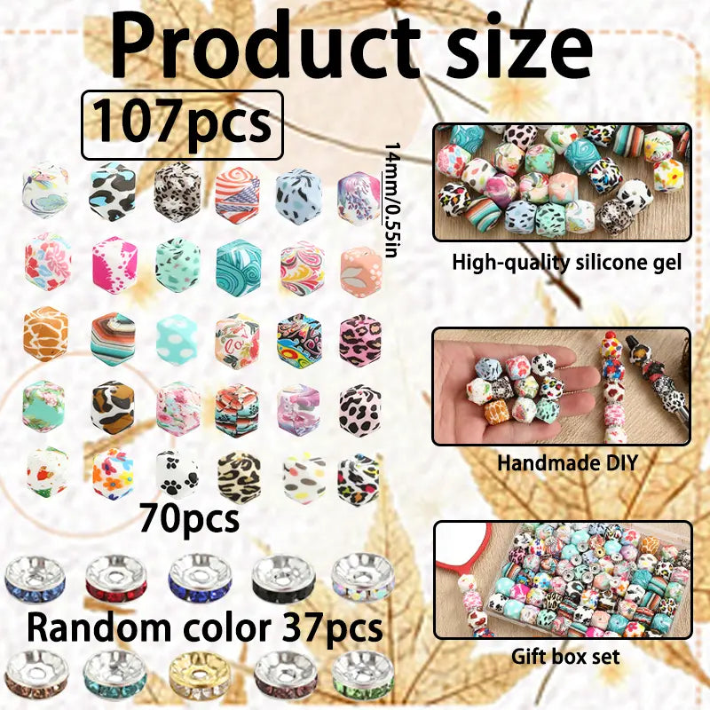 107-piece polygonal watermark silicone bead kits, including hexagonal beads and crystal spacer beads, suitable for DIY keychains, DIY bead accessories, beading pens, and handmade materials, etc., Bead Assortments, Diy Accessories Set