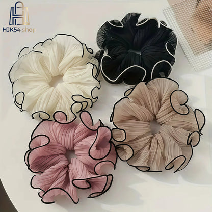 Women's 4pcs Large Size Organza Pleated Scrunchies - Soft Hair Ties, Ruffled Black Edge, Modern Voluminous Hair Style Accessory, Comfortable Fit for Daily & Special Occasions
