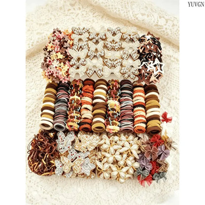 512 pieces/sets-Autumn Style Girls Cute Hair Accessories Set,Elegant Butterfly & Flower Hair Clips, Coffee Tone Hair Ties & Barrettes, Soft & Stylish, Perfect for Daily Wear, School, Parties & Gift Giving for Girls.