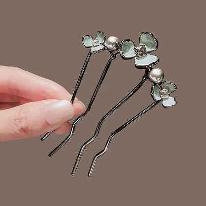 French Retro Bun Hair Accessories Elegant Pearl Flower Hair Combs Pins Women Daily U-shaped Hairpin Female Alloy Hair Clasp Gift