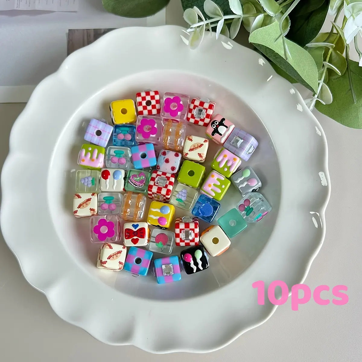 10pcs 14mm Square Beads, DIY Beads, Beads For Crafts, Hand-Drawn Patterns, Nordic Style, for Bracelets, Phone Chains, Keychains, Pet Necklaces, Unique Accessories