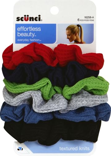Scunci by Conair The Original Scrunchie Waffle Knit Scrunchies in Navy, White, Red, Blue, Grey and Black, Hair Ties for Women, 6 Count