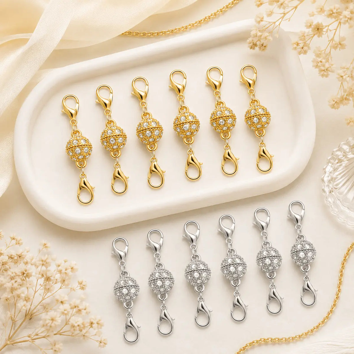 12-Pack Strong Magnetic Necklace Clasps & Extenders - Gold/Silver Plated Stainless Steel Jewelry Closures with Charm, Perfect Gift for Jewelry Making