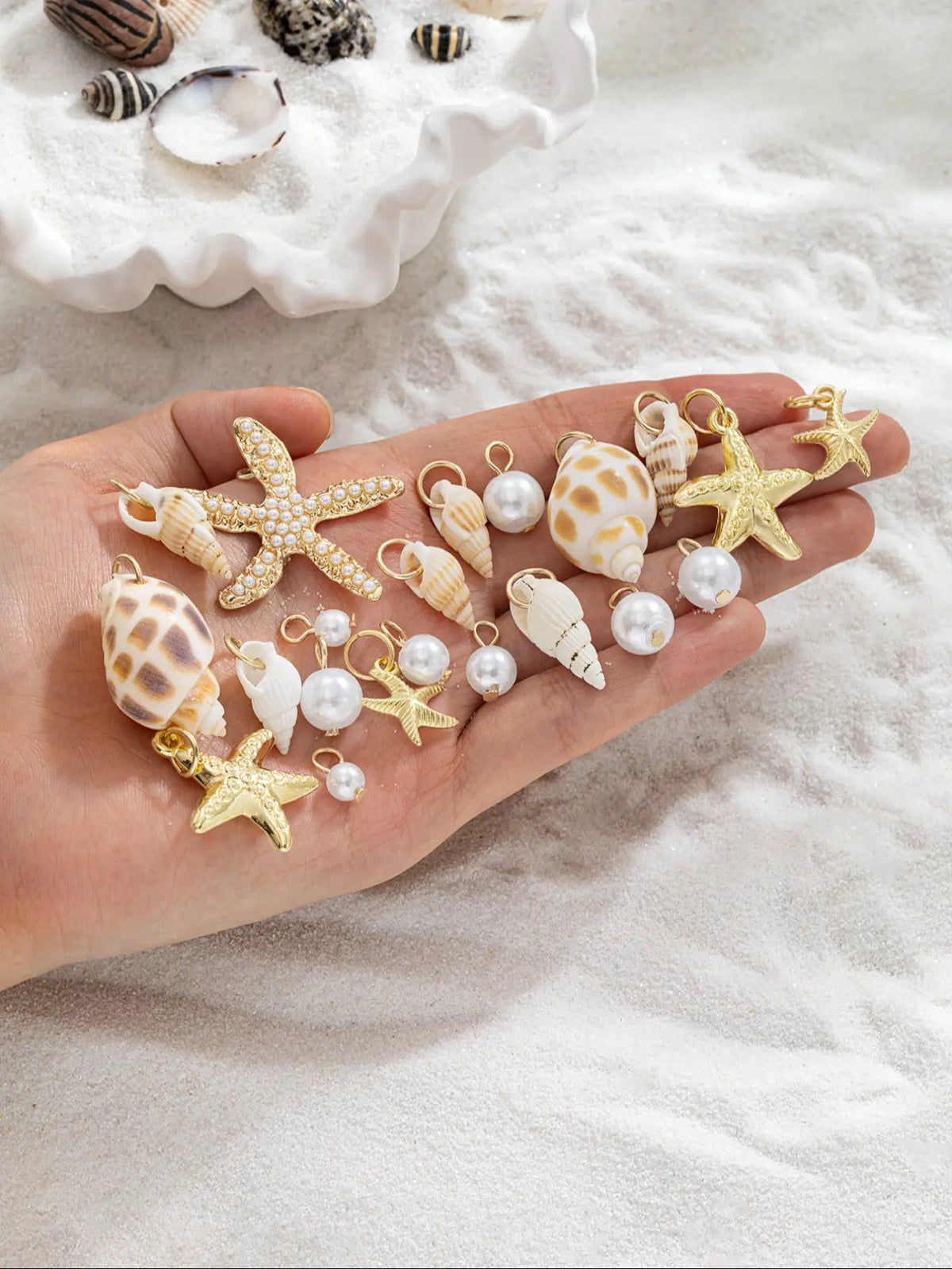 21 Pieces Beach Style Metal Starfish Imitation Pearl Shell Conch Pendant DIY Craft Supplies, Boho Jewelry Making Accessories for All Seasons, Beads Charms Accessories, DIY Jewelry Decoration