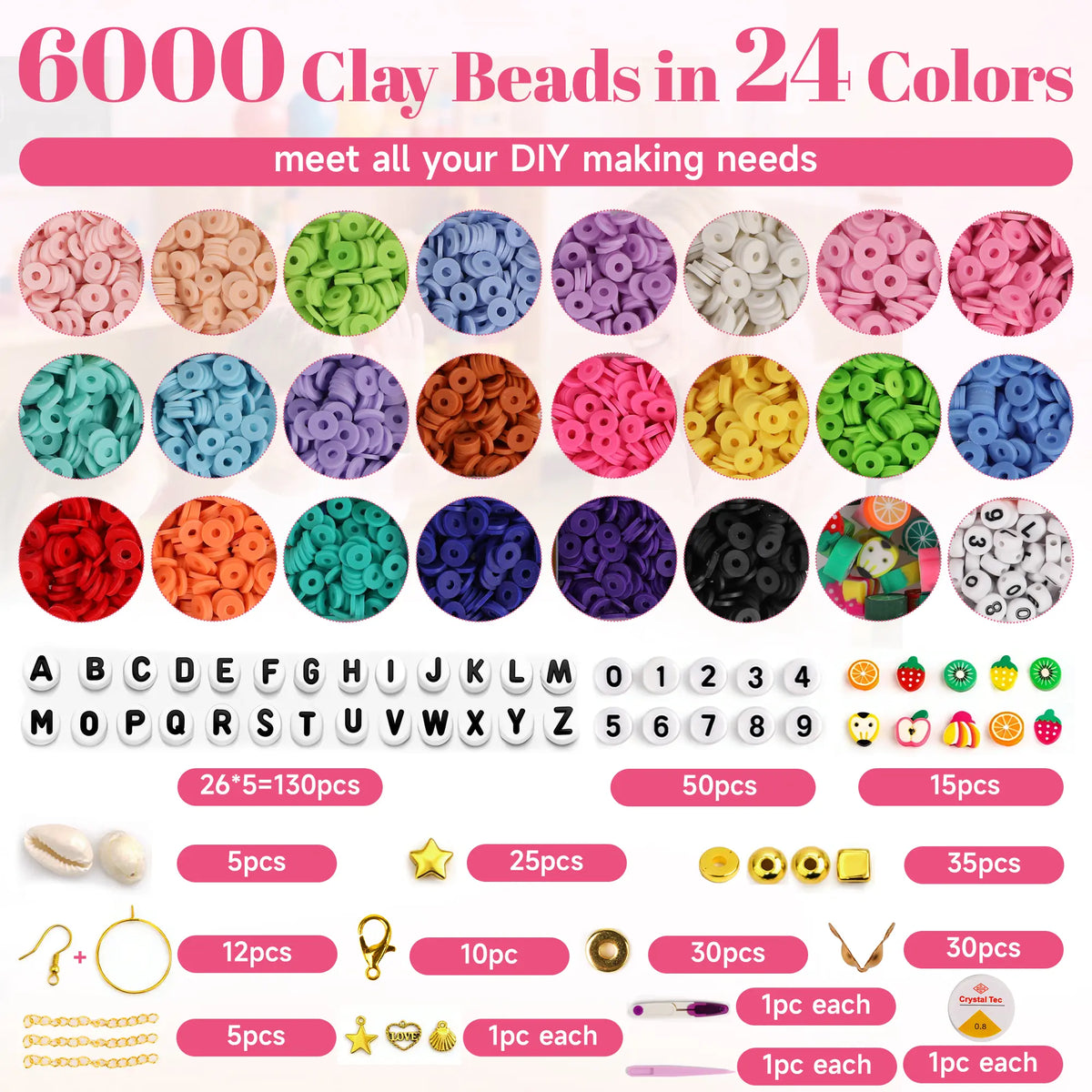 Bonison 6000pcs DIY Clay Beads Bracelet Making Kit – Preppy Color Polymer Clay Heishi Beads & Charms Set, Jewelry Making Craft Kit for Girls Age 6+, Birthday Gift Idea