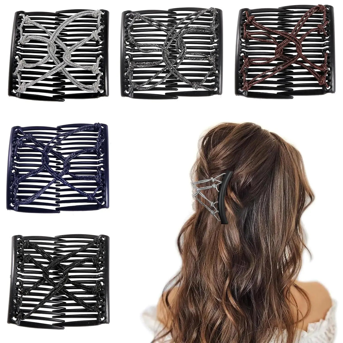 5PCS Stretchy Magic Hair Comb Clips, Adjustable Elastic Hair Pins for Bun, Ponytail & Updo Styling
