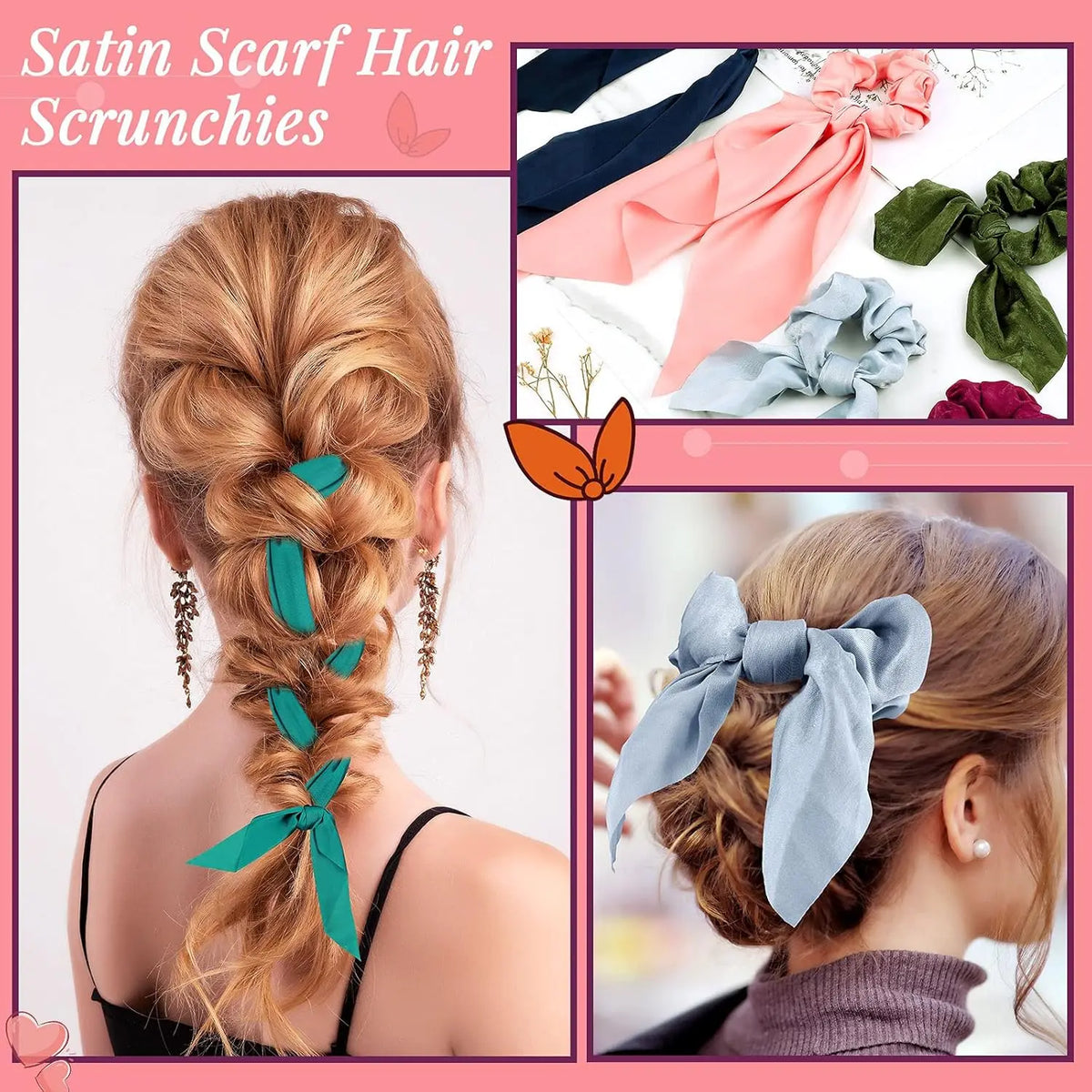 12 Pcs Hair Accessories for Women Hair Bows Scrunchies Scarf Ties Bunny Ears Silk Satin Scrunchies Hair Ribbons Hair Scarf Hair Ties with Bows for Women Lady(Fresh Color)