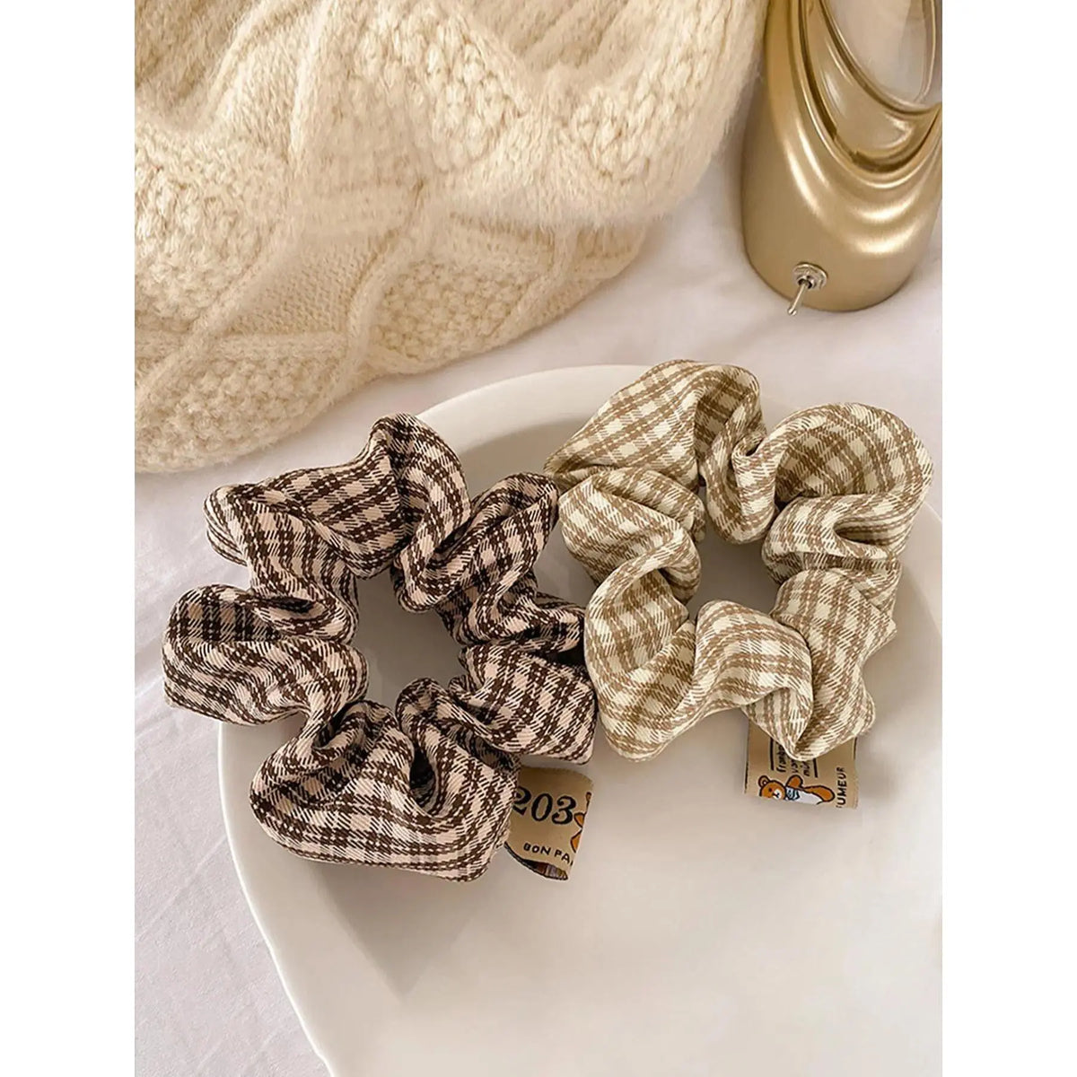 Women’s 2-Pack Fabric Plaid Hair Scrunchies - Round Shape, One Size, Soft Elastic Athletic Hair Ties, Elegant Everyday Bag Accessory for Outfit Styling & Casual Wear