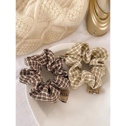Women’s 2-Pack Fabric Plaid Hair Scrunchies - Round Shape, One Size, Soft Elastic Athletic Hair Ties, Elegant Everyday Bag Accessory for Outfit Styling & Casual Wear