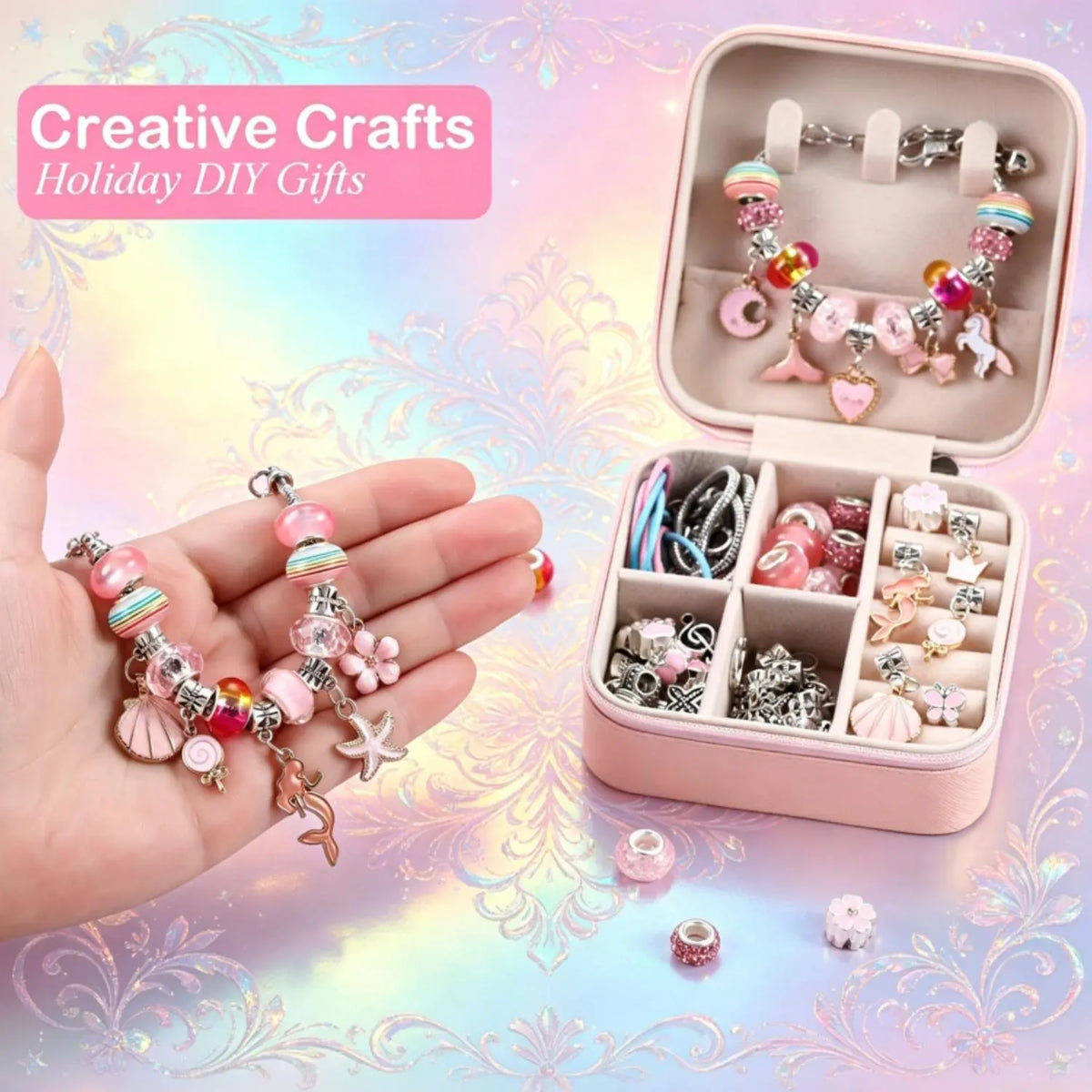 68Pcs Colorful Iridescent Girl Charm Bracelet Making Kit for Girls and Women Cute Pink and Purple DIY Jewelry Set with Special Handbag Charms and Beads Arts & Crafts Idea Birthday New-Year Christmas Grad Bestie Toy Gift for Girls