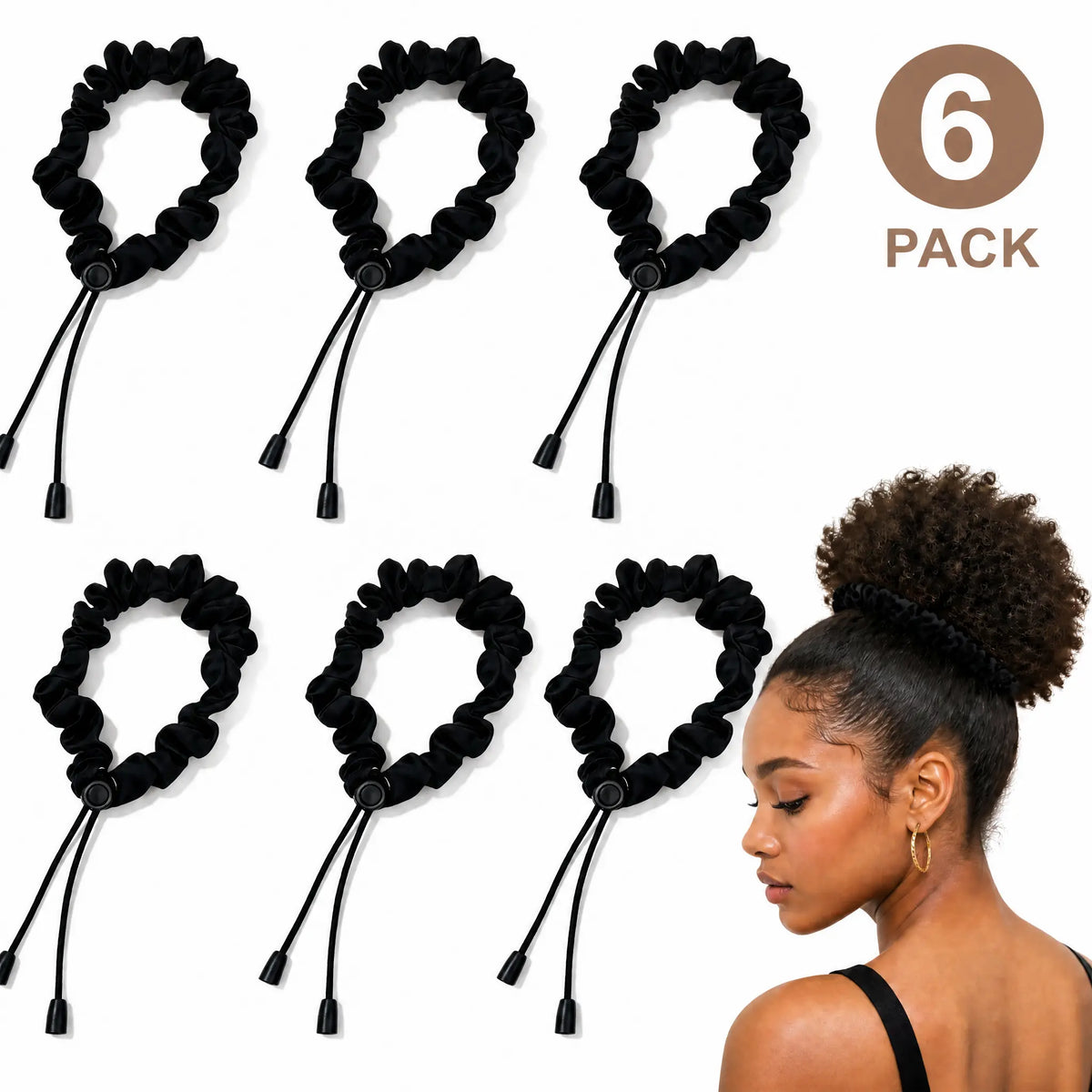 2 Pcs Adjust Satin Hair Scrunchies for Women Girls, Adjustable Hair Ties Soft Than Silk for 4c Girlie Thick Curly Natural Hair, Easy to Use Hair Accessories for Afro Puff Loc Ponytails (black)