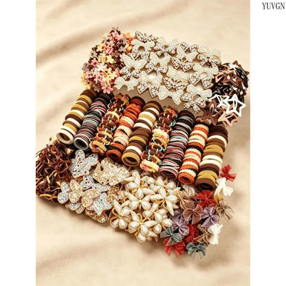 512 pieces/sets-Autumn Style Girls Cute Hair Accessories Set,Elegant Butterfly & Flower Hair Clips, Coffee Tone Hair Ties & Barrettes, Soft & Stylish, Perfect for Daily Wear, School, Parties & Gift Giving for Girls.
