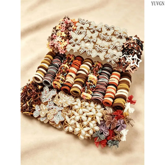 512 pieces/sets-Autumn Style Girls Cute Hair Accessories Set,Elegant Butterfly & Flower Hair Clips, Coffee Tone Hair Ties & Barrettes, Soft & Stylish, Perfect for Daily Wear, School, Parties & Gift Giving for Girls.