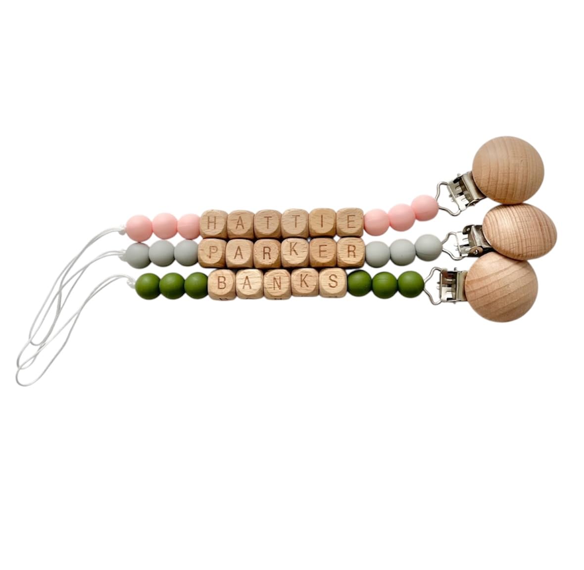 Personalized Pacifier Clip with Name, Wooden Beads, Silicone Clip Chain