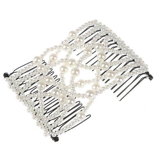 Elastic Beaded Magic Hair Comb Stretchy Double Comb Hair Fork Clips No Crease Hairpins Combs for Women Girls Bun Maker Vintage Hairstyle Multipurpose Hair Accessories, 1 PCS