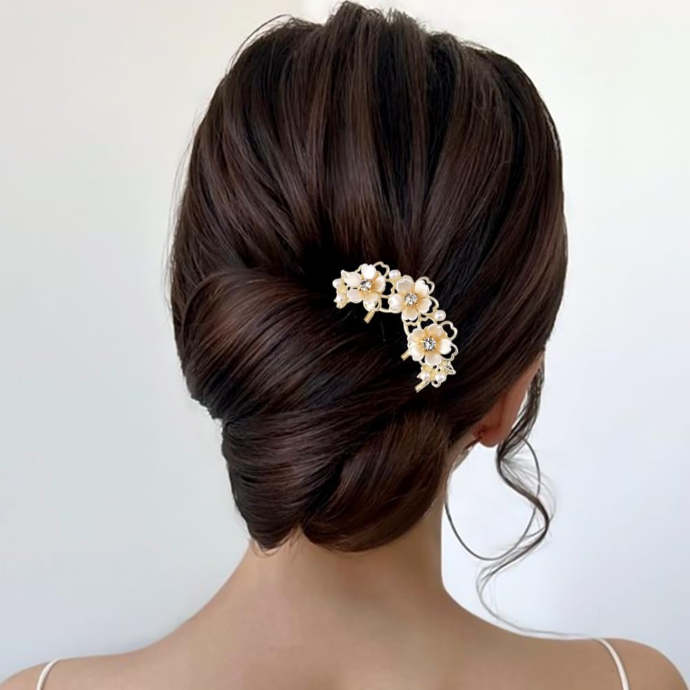 Pearl Flower Hair Clips for Women U-Shaped French Hair Pin Flower Hairclips Gold Hairpin Clip Metal Bun Maker Floral Hairpins Wedding Hair Accessories for Girls Ladies Brides Bridesmaids