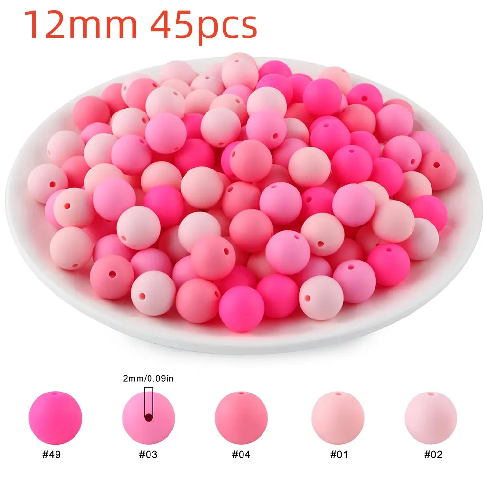 45pcs 9/12/15mm Solid Color Silicone Round Beads Combination DIY Beads Set Mixed in 5 colors Suitable for Making Beaded pens Bracelets and Phone Lanyards