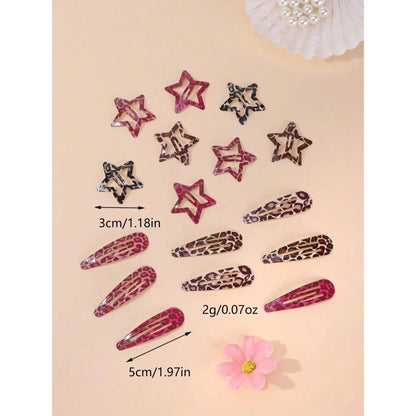 Women's 16pcs Leopard & Star Shapes Hair Clips Set - Female Casual Wear Everyday Accessories, Simple Clip Hair Pins & Barrettes Kit