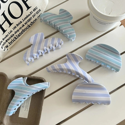 3pcs Pastel Striped Acrylic Hair Claw Clips with Glossy Surface, Durable Spring Clasp Firmly Holds Hair. Two Classic Shapes Suit Thick & Thin Hair, Perfect for Casual Daily Updo Styling.,sohochic