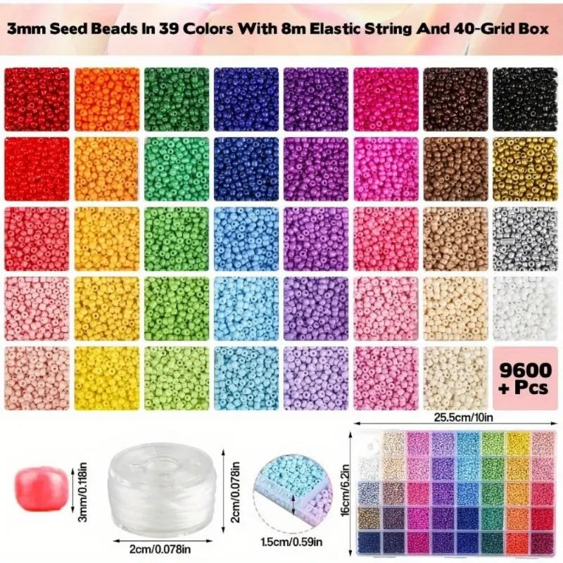 9600+ Pcs 3mm Glass Seed Beads Kit,Color Waist Beads,39 Color Small Pony Beads for Bracelet Necklace Earring Jewelry Making,Halloween Christmas Party Gifts,DIY Hand Tools Kits