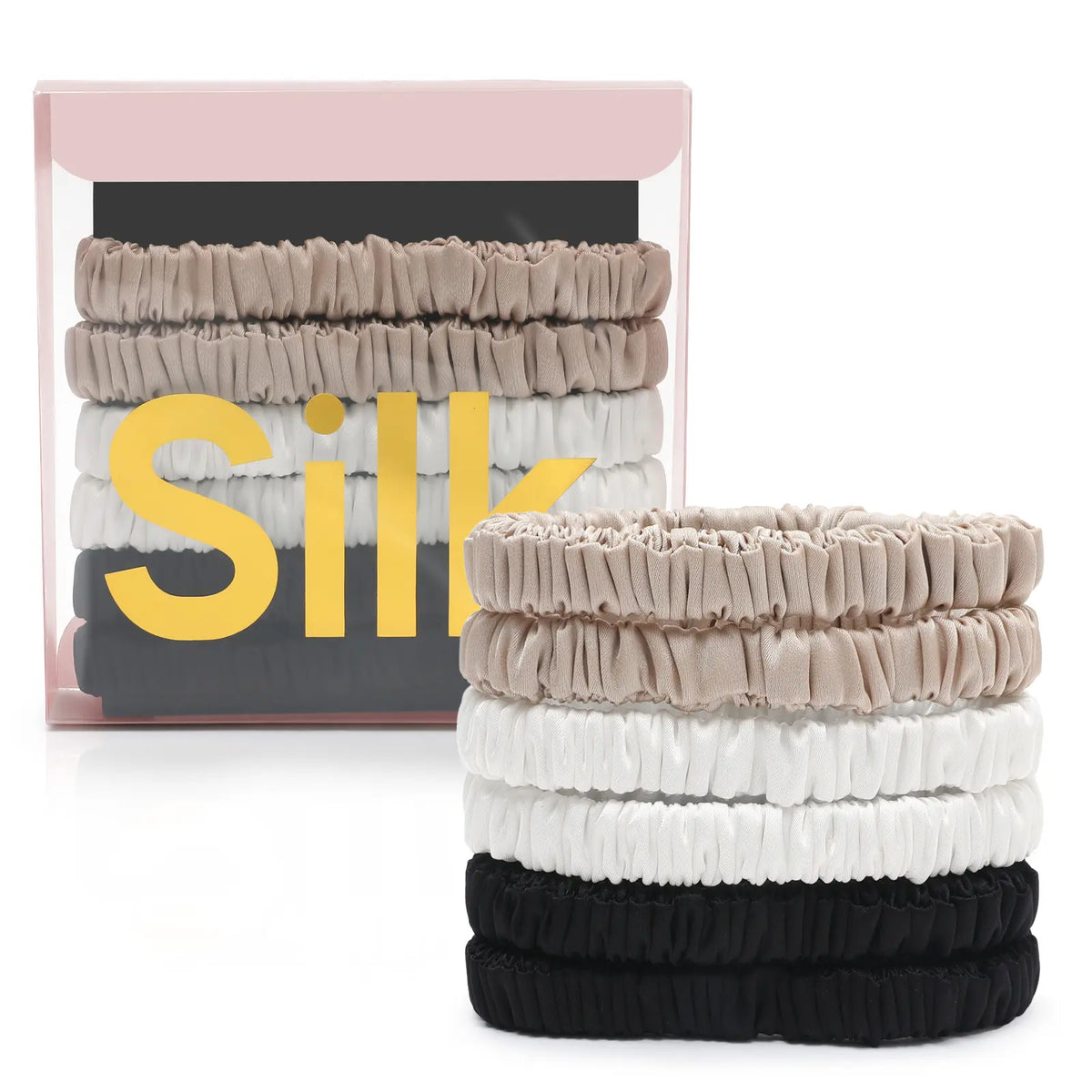 NATUREKESS 6Pcs 100% Silk Hairbands & Scrunchies, Elastic Band Scrunchies for Women, Thin Skinny Silk Fabric Hair Accessories, No-Damage Sleep Hair Accessories