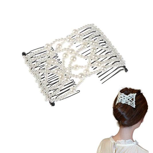 Elastic Beaded Magic Hair Comb Stretchy Double Comb Hair Fork Clips No Crease Hairpins Combs for Women Girls Bun Maker Vintage Hairstyle Multipurpose Hair Accessories, 1 PCS