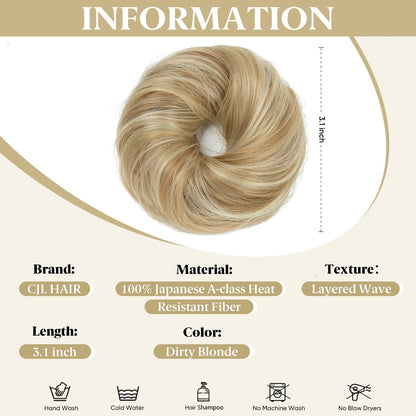 CJL HAIR 2PCs Small Cute Messy Bun Hair Piece for Thin Hair Women Mini Synthetic Curly Bun Scrunchies Updo Hairpieces Dirty Blonde
