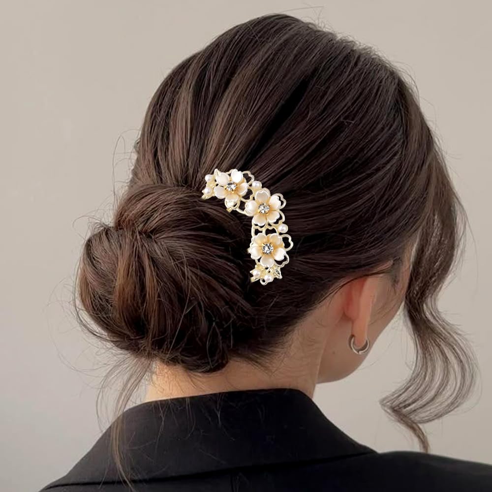 Pearl Flower Hair Clips for Women U-Shaped French Hair Pin Flower Hairclips Gold Hairpin Clip Metal Bun Maker Floral Hairpins Wedding Hair Accessories for Girls Ladies Brides Bridesmaids