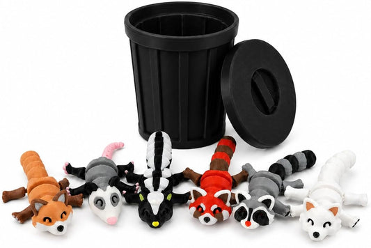 3D-Printed Woodland Animal Figurines, 8-Piece Articulated Raccoon, Fox, Skunk, Opossum, Red Panda and Arctic Fox Set with Black Trash Can