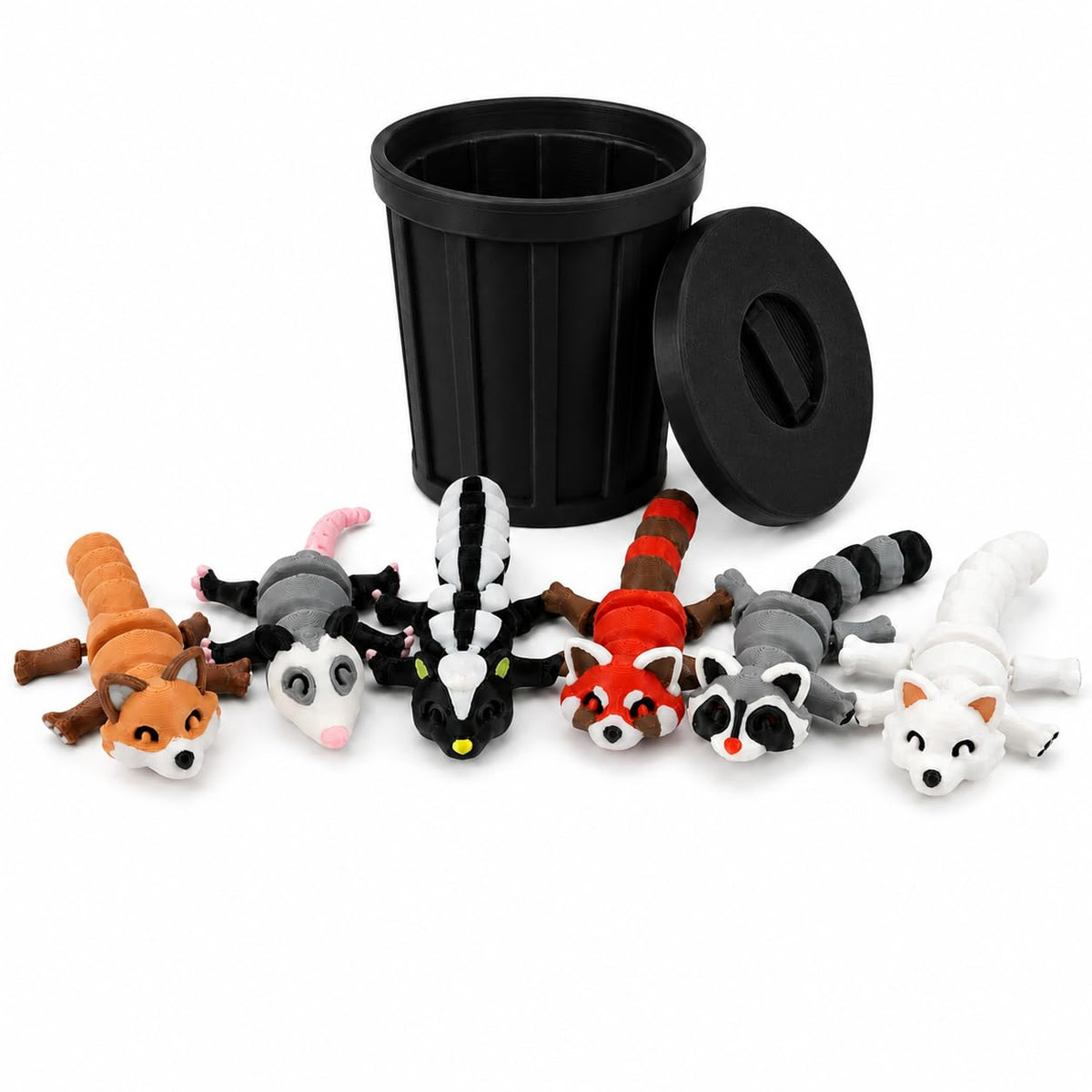 3D-Printed Woodland Animal Figurines, 8-Piece Articulated Raccoon, Fox, Skunk, Opossum, Red Panda and Arctic Fox Set with Black Trash Can