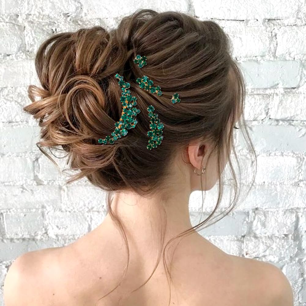 inSowni 11 Pieces Vintage Emerald Green Headpieces Party Prom Wedding Bridal Rhinestone Hair Side Combs Slides+U-shaped Hair Pins Accessories for Brides Bridesmaids Women Girls