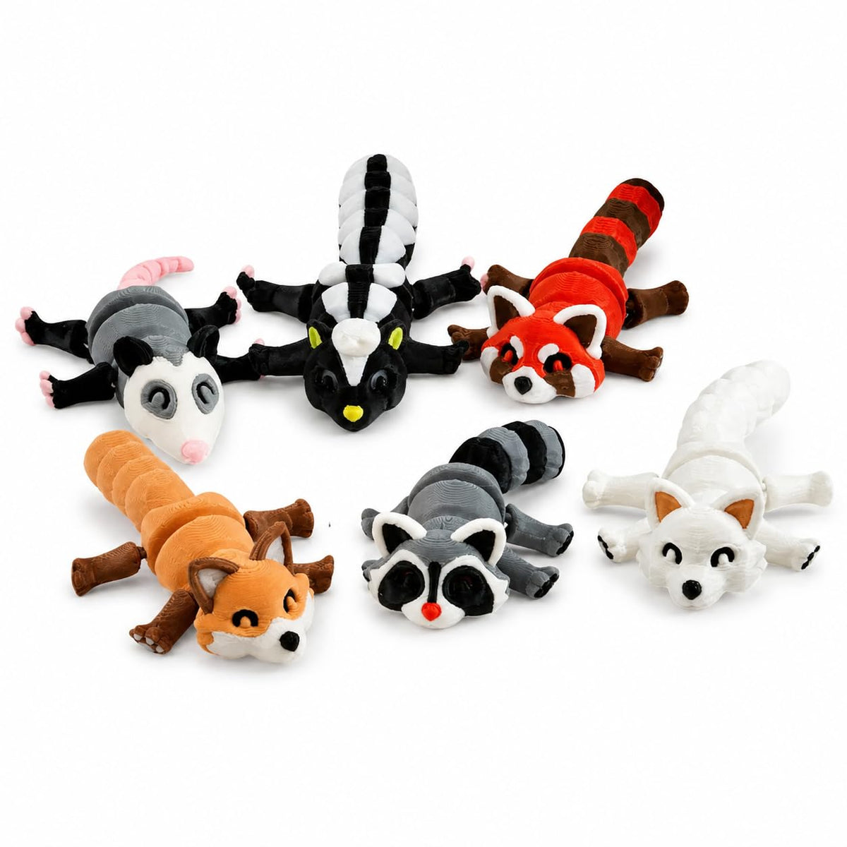 3D-Printed Woodland Animal Figurines, 8-Piece Articulated Raccoon, Fox, Skunk, Opossum, Red Panda and Arctic Fox Set with Black Trash Can