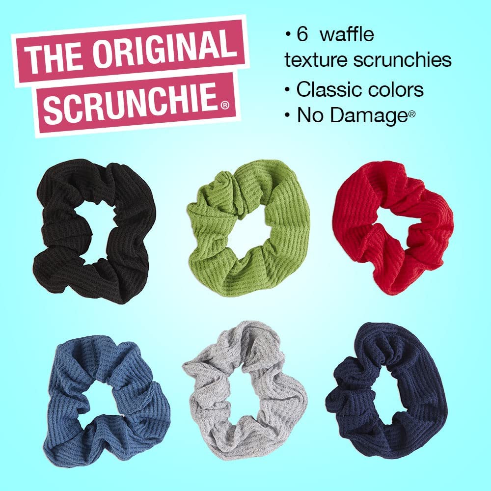 Scunci by Conair The Original Scrunchie Waffle Knit Scrunchies in Navy, White, Red, Blue, Grey and Black, Hair Ties for Women, 6 Count