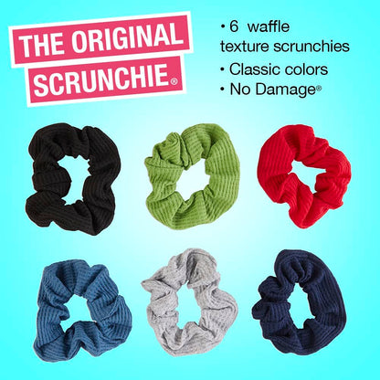 Scunci by Conair The Original Scrunchie Waffle Knit Scrunchies in Navy, White, Red, Blue, Grey and Black, Hair Ties for Women, 6 Count