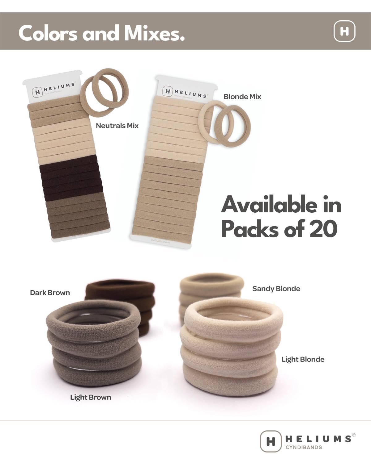 Heliums Soft Hair Ties - No Damage Seamless Nylon Fabric Bands, Stretchy Ponytail Holders for Thin & Thick Hair - Standard 1.5 Inch, Neutrals, 20 Pack