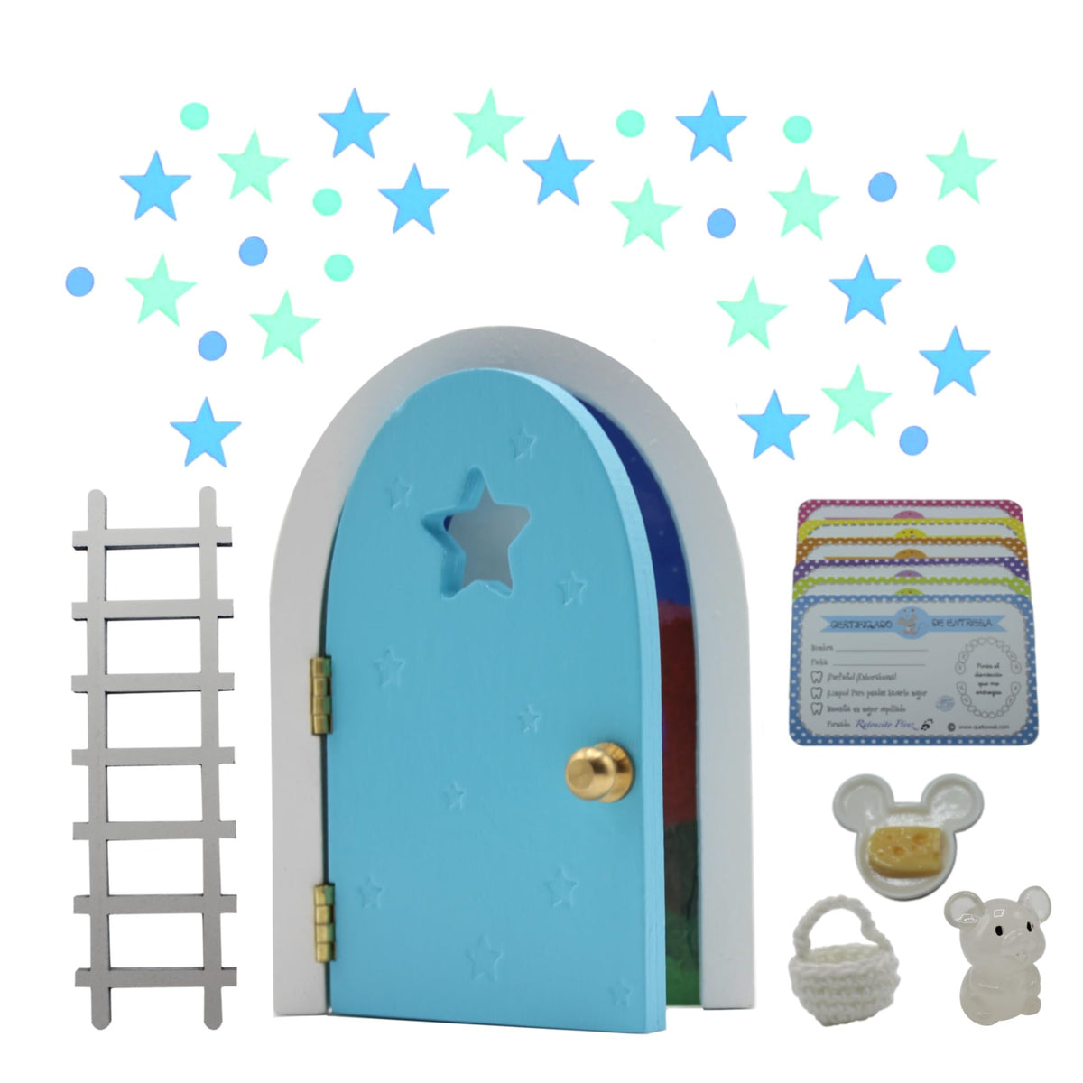 Qué Kawaii® Magical Pérez Mouse kit. Door that Opens and Shines in THE Dark Wooden Door and+Crochet Bag+Stars+Little Mouse that Glows in the Dark+6 certificates in Spanish (ROSA/Pink)