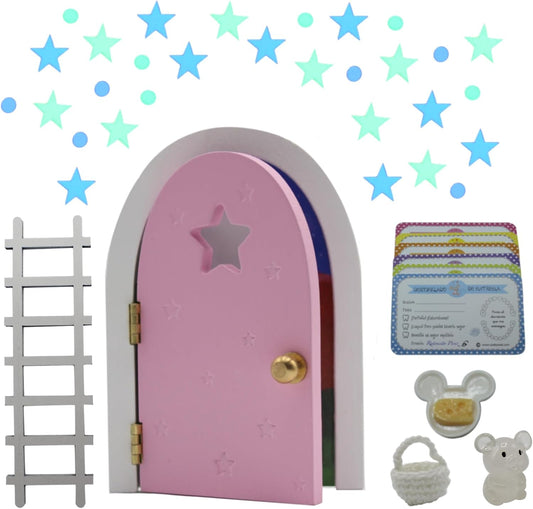 Qué Kawaii® Magical Pérez Mouse kit. Door that Opens and Shines in THE Dark Wooden Door and+Crochet Bag+Stars+Little Mouse that Glows in the Dark+6 certificates in Spanish (ROSA/Pink)