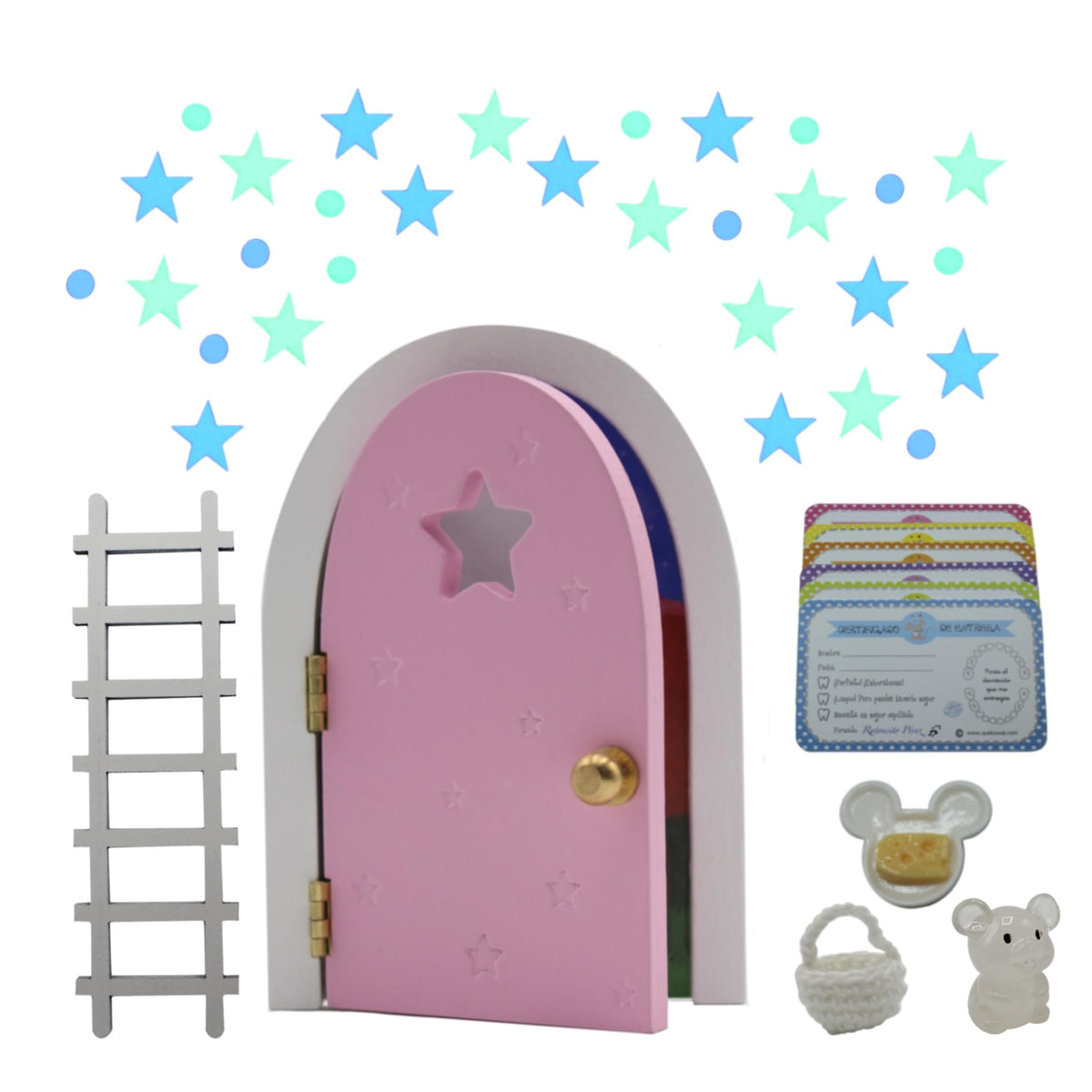 Qué Kawaii® Magical Pérez Mouse kit. Door that Opens and Shines in THE Dark Wooden Door and+Crochet Bag+Stars+Little Mouse that Glows in the Dark+6 certificates in Spanish (ROSA/Pink)