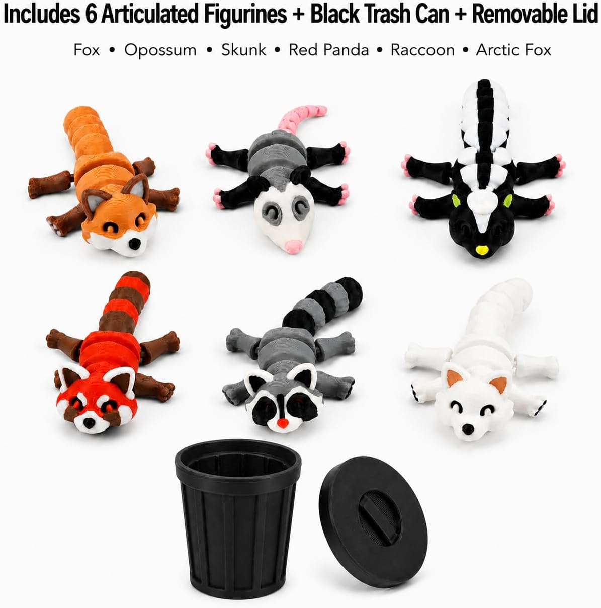 3D-Printed Woodland Animal Figurines, 8-Piece Articulated Raccoon, Fox, Skunk, Opossum, Red Panda and Arctic Fox Set with Black Trash Can