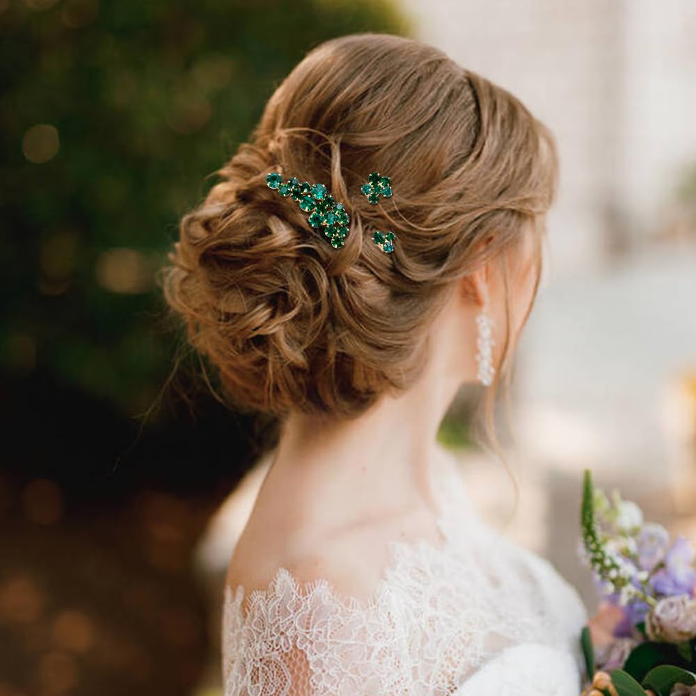 inSowni 11 Pieces Vintage Emerald Green Headpieces Party Prom Wedding Bridal Rhinestone Hair Side Combs Slides+U-shaped Hair Pins Accessories for Brides Bridesmaids Women Girls