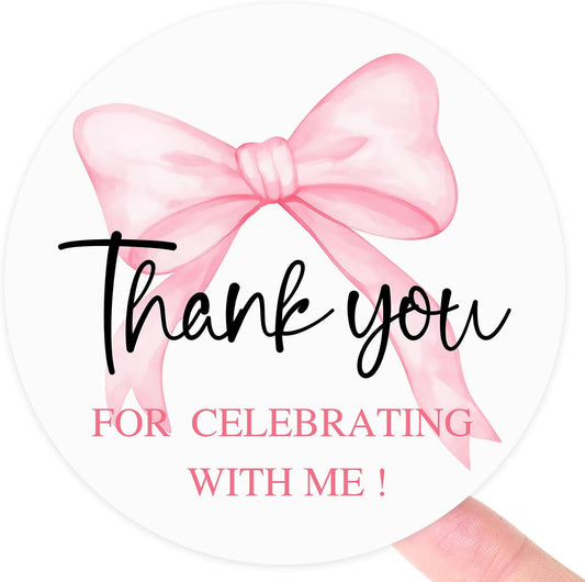 120 Pink Thank You Stickers for Celebrating with Me, Coquette Bow Party Favor Labels for Baby Shower, Birthday & Graduation, Favor Bag Seals for Moms-to-Be, Graduates & Party Hosts, 1.6 Inch