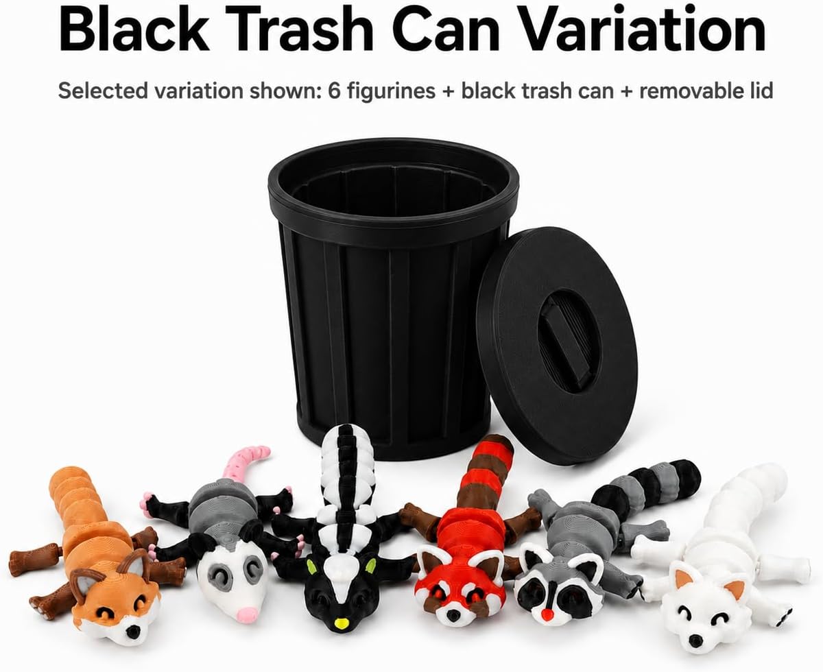 3D-Printed Woodland Animal Figurines, 8-Piece Articulated Raccoon, Fox, Skunk, Opossum, Red Panda and Arctic Fox Set with Black Trash Can