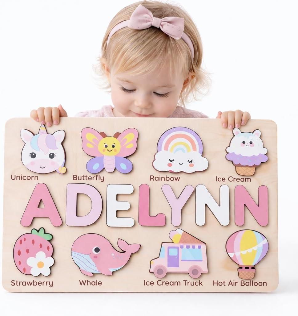 Personalized Name Puzzle for Toddlers 1-3 | Custom Wooden Baby Girl Gift with 48 Animal Art Sets | 1st Birthday Gift for Girls | Personalized Baby Boy & Girl Gifts Keepsake