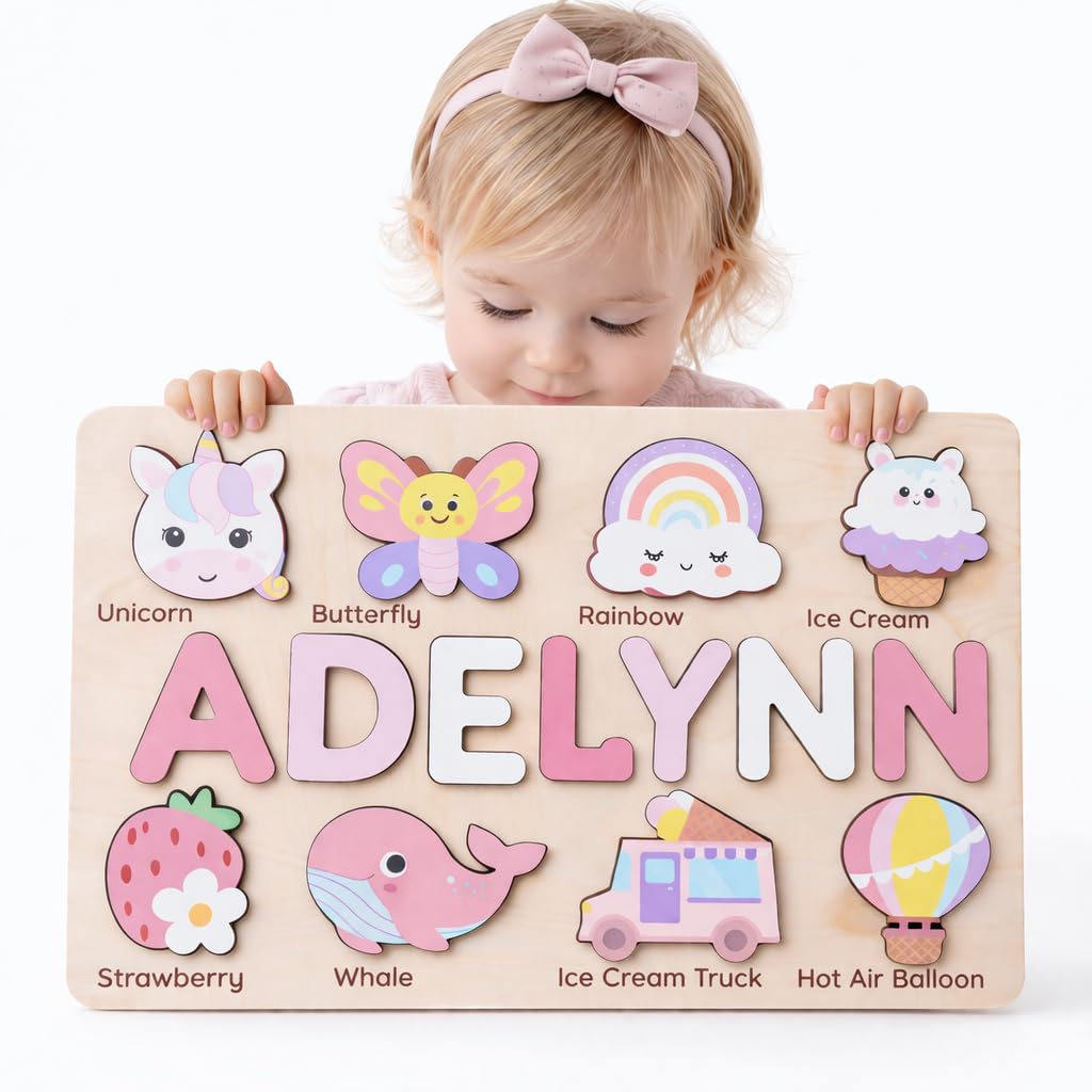 Personalized Name Puzzle for Toddlers 1-3 | Custom Wooden Baby Girl Gift with 48 Animal Art Sets | 1st Birthday Gift for Girls | Personalized Baby Boy & Girl Gifts Keepsake