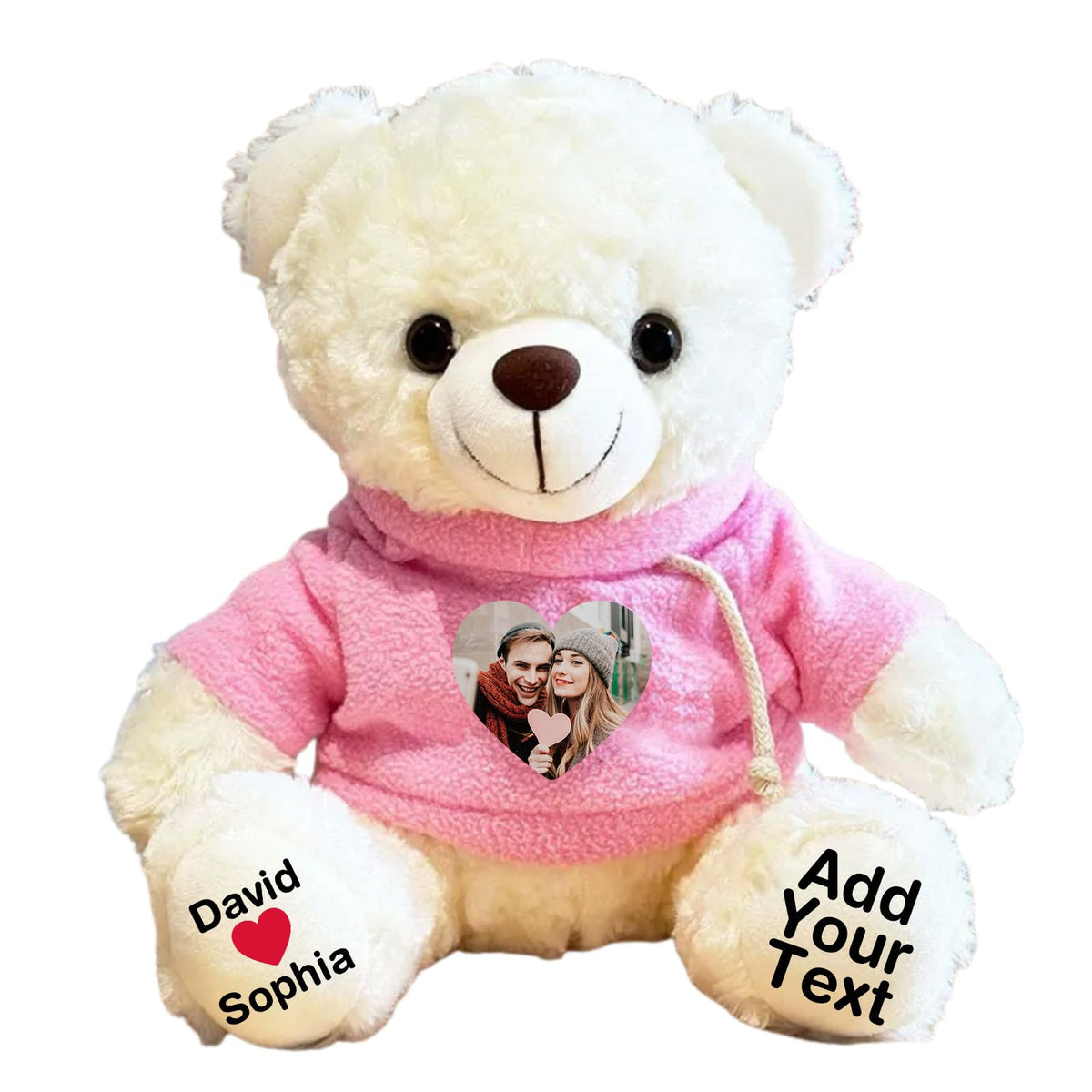 Personalized Bear Stuffed Animal with Picture Text Date, 11 Inch Customized Teddy Bear Plush Toys, Gift for Girlfriend, Boyfriend, Birthday, Anniversary, Valentines (Red Hoodie