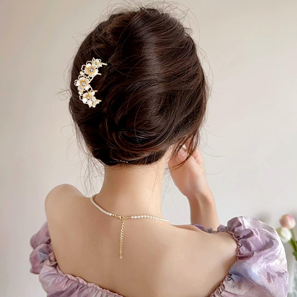 Pearl Flower Hair Clips for Women U-Shaped French Hair Pin Flower Hairclips Gold Hairpin Clip Metal Bun Maker Floral Hairpins Wedding Hair Accessories for Girls Ladies Brides Bridesmaids