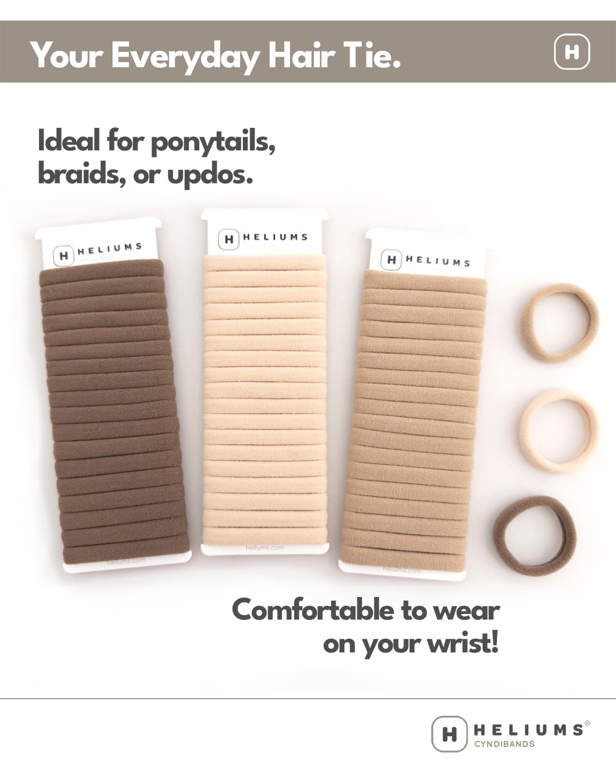 Heliums Soft Hair Ties - No Damage Seamless Nylon Fabric Bands, Stretchy Ponytail Holders for Thin & Thick Hair - Standard 1.5 Inch, Neutrals, 20 Pack