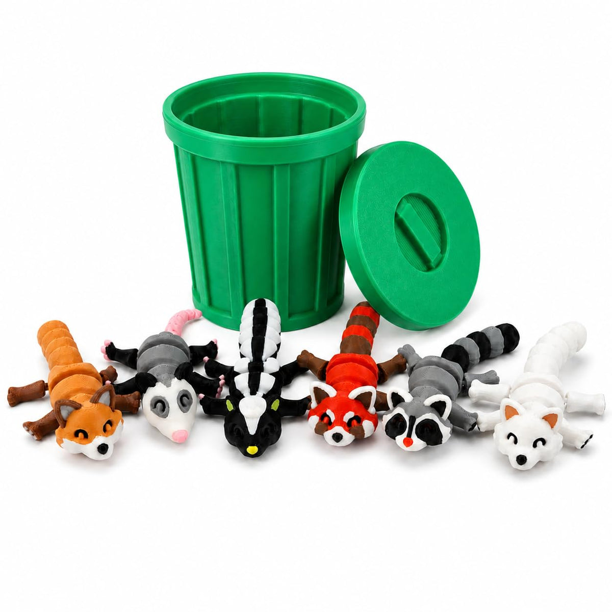 3D-Printed Woodland Animal Figurines, 8-Piece Articulated Raccoon, Fox, Skunk, Opossum, Red Panda and Arctic Fox Set with Black Trash Can